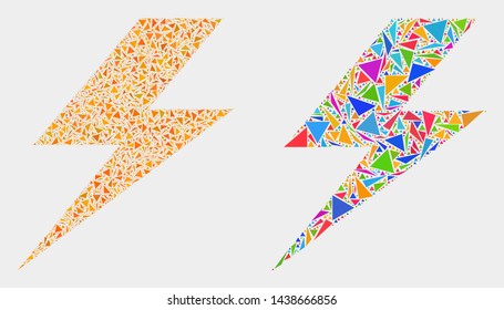 Flash mosaic icon of triangle items which have different sizes and shapes and colors. Geometric abstract vector illustration of flash.