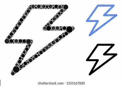 Flash mosaic of small circles in various sizes and color tinges, based on flash icon. Vector round dots are grouped into blue mosaic. Dotted flash icon in usual and blue versions.