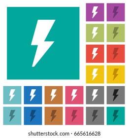 Flash multi colored flat icons on plain square backgrounds. Included white and darker icon variations for hover or active effects.