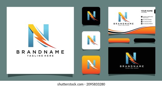 Flash N letter logo, electric bolt logo vector with business card design template