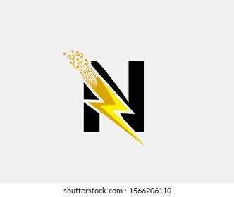 Flash N Letter Logo Icon, Electrical Bolt With Circuit Line Shape and Initial N Letter Logo Design.