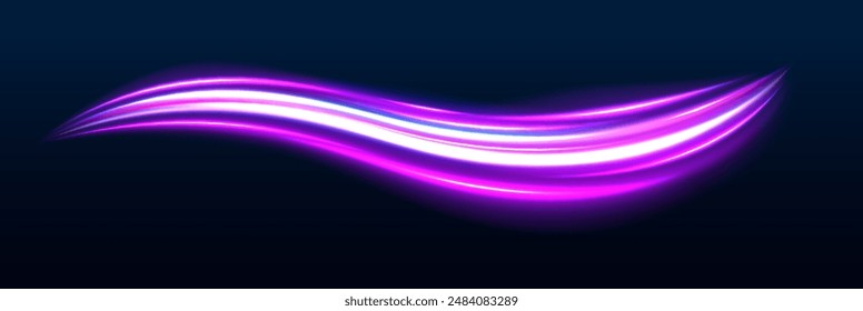 A flash of neon light and a trail of fiery flash. Acceleration speed motion on night road. Bright sparkling background. Panoramic high speed technology concept, light abstract background.	