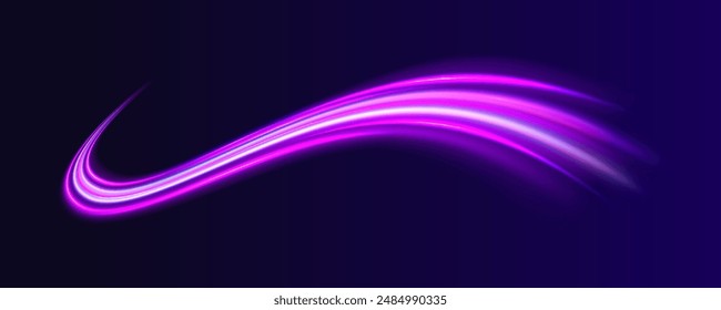 A flash of neon light and a trail of fiery flash. Acceleration speed motion on night road. Bright sparkling background. Panoramic high speed technology concept, light abstract background.