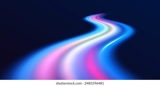 A flash of neon light and a trail of fiery flash. Acceleration speed motion on night road. Bright sparkling background. Panoramic high speed technology concept, light abstract background.