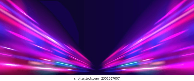 A flash of neon light and a trail of fiery flash. Acceleration speed motion on night road. Neon stripes in the form of drill, turns and swirl. Speed of light concept background.	