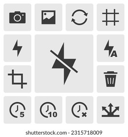 Flash off icon vector design. Simple set of smartphone camera app icons silhouette, solid black icon. Phone application icons concept. Flash off, flash auto, timer, switch camera icons buttons