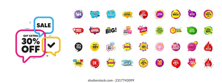 Flash offer sale banners pack. Promo price discount stickers. Special offer 3d speech bubble. Promotion flash coupons. Mega discount deal banners. Sale chat speech bubble. Ad promo message. Vector