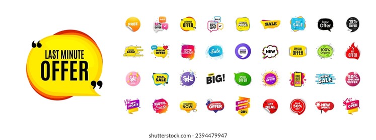 Flash offer sale banners pack. Promo price discount stickers. Special offer 3d speech bubble. Promotion flash coupons. Mega discount deal banners. Sale chat speech bubble. Ad promo message. Vector