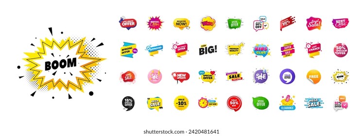 Flash offer sale banners pack. Promo price discount stickers. Special offer 3d speech bubble. Promotion flash coupons. Mega discount deal banners. Sale chat speech bubble. Ad promo message. Vector