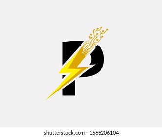 Flash P Letter Logo Icon, Electrical Bolt With Circuit Line Shape and Initial P Letter Logo Design.