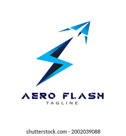 Flash con el concepto del logotipo del plano de papel. Icono de relámpago. El concepto de símbolo de energía y de electricidad trueno. Vector de diseño de logotipo de viaje con color azul gradiente