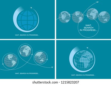 Flash Preloader for ticket service for travel company. Set of sliders with loading. Vector design elements for websites, banners. Buy ticket online concept. Vector illustration on blue background.