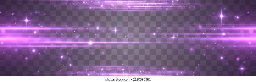 Flash purple line motion. Purple soft horizontal neon lines. Set of abstract lens flares. Laser sparkle beams, glowing violet speed rays, dust sparks light effect. Luminous sparkling lined. Vector