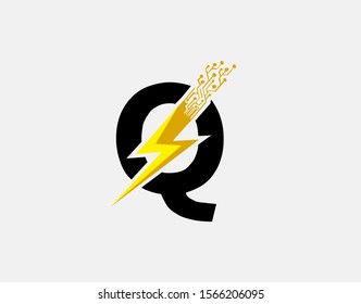 Flash Q Letter Logo Icon, Electrical Bolt With Circuit Line Shape and Initial Q Letter Logo Design.