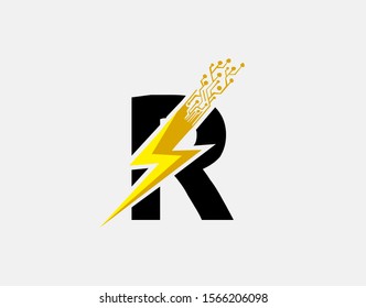 Flash R Letter Logo Icon, Electrical Bolt With Circuit Line Shape and Initial R Letter Logo Design.