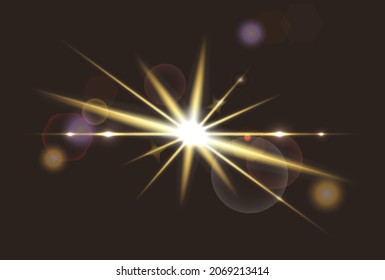 Flash rays concept. Bright sunlight with glare effect. Design element for poster, banner, social network and website. Golden glow. Cartoon realistic vector illustration isolated on black background