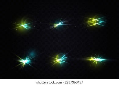 Flash. Llamadas realistas. Efectos brillantes. Espuma. Colección de bellos bengalas luminosas. Efectos de iluminación del flash.