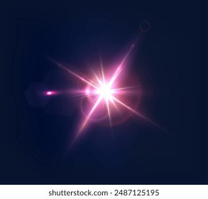 Flash. Realistic flares. Glowing effects. Photography camera light or sunlight reflection from lens. Shiny stars in space. Isolated glints set. Sparkle glares. Vector shimmering element templates