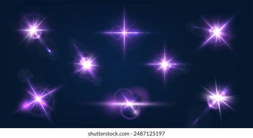 Flash. Realistic flares. Glowing effects. Photography camera light or sunlight reflection from lens. Shiny stars in space. Isolated glints set. Sparkle glares. Vector shimmering element templates