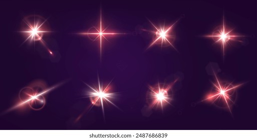 Destello. Destellos realistas. Efectos brillantes. Fotografía de la luz de la cámara o reflexión de la luz solar desde la lente. Estrellas brillantes en el espacio. Juego de destellos aislados. Destellos brillantes. Plantillas de elementos brillantes de Vector