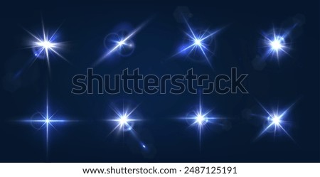 Flash. Realistic flares. Glowing effects. Photography camera light or sunlight reflection from lens. Shiny stars in space. Isolated glints set. Sparkle glares. Vector shimmering element templates