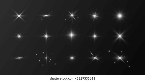 Flash. Realistic flares. Lens flare. Camera light flash. Collection of light effects. Vector illustration EPS 10. Isolated glints set. Sparkling flashes of stars on a black background.