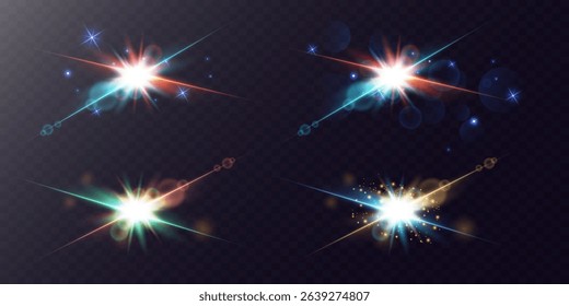 Flash, realistic glare, glowing effects, sunlight reflection, stars.Vector.EPS 10.
