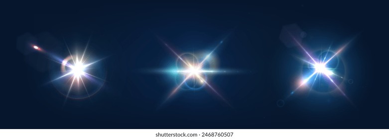  Destello, reflejos realistas, efectos brillantes, luz de cámara, reflexión de la luz solar, estrellas, resaltados aislados, resaltados brillantes. Aislado sobre fondo transparente, png. Celestial, Elementos espaciales