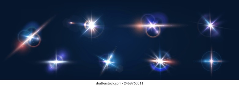  Flash, realistic highlights, glowing effects, camera light, sunlight reflection, stars, isolated highlights, sparkling highlights. Isolated on transparent background, png. Celestial, space elements