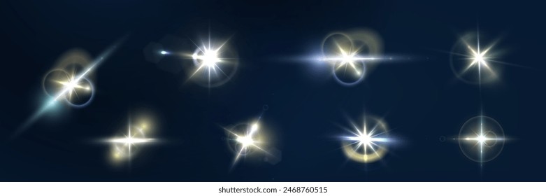  Flash, realistic highlights, glowing effects, camera light, sunlight reflection, stars, isolated highlights, sparkling highlights. Isolated on transparent background, png. Celestial, space elements