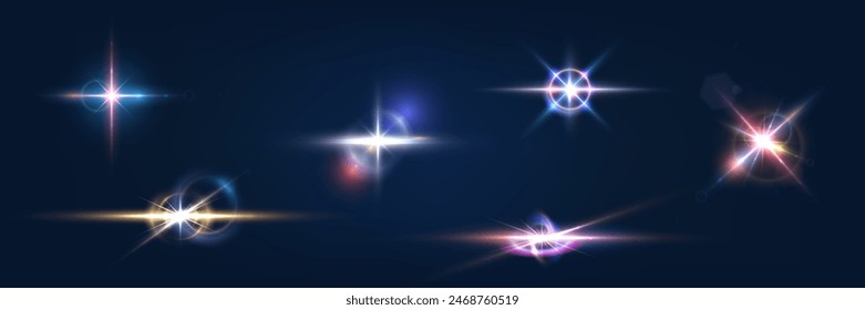  Flash, realistic highlights, glowing effects, camera light, sunlight reflection, stars, isolated highlights, sparkling highlights. Isolated on transparent background, png. Celestial, space elements