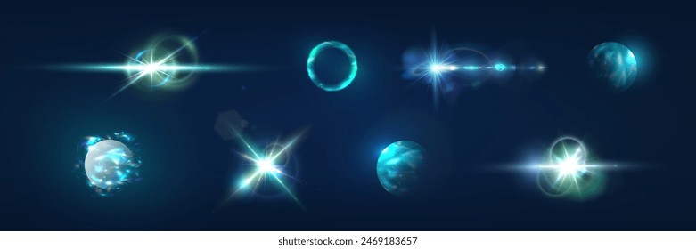 Flash, realistic highlights, glowing effects, camera light, sunlight reflection, stars, isolated highlights, sparkling highlights. Isolated on transparent background, png. Celestial, space elements.