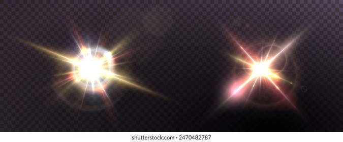 Destello, reflejos realistas, efectos brillantes, luz de cámara, reflexión de la luz solar, estrellas, resaltados aislados, resaltados brillantes. Aislado sobre fondo transparente, png. Celestial, Elementos espaciales