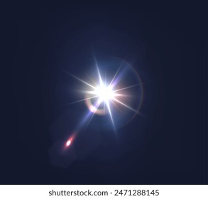 Destello, reflejos realistas, efectos brillantes, luz de cámara, reflexión de la luz solar, estrellas, resaltados aislados, resaltados brillantes. Aislado sobre fondo transparente, png. Celestial, Elementos espaciales

