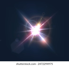 Flash, realistic highlights, glowing effects, camera light, sunlight reflection, stars, isolated highlights, sparkling highlights. Isolated on transparent background, png. Celestial, space elements