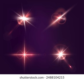 Flash, realistic highlights, glowing effects, camera light, sunlight reflection, stars, isolated highlights, sparkling highlights. Isolated on transparent background, png. Celestial, space elements