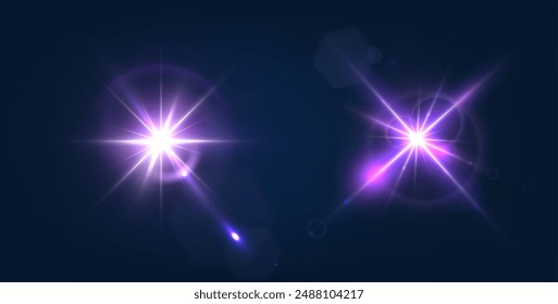 Flash, realistic highlights, glowing effects, camera light, sunlight reflection, stars, isolated highlights, sparkling highlights. Isolated on transparent background, png. Celestial, space elements