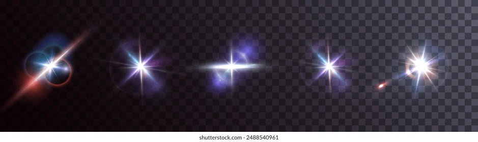 Flash, realistic highlights, glowing effects, camera light, sunlight reflection, stars, isolated highlights, sparkling highlights. Isolated on transparent background, png. Celestial, space elements