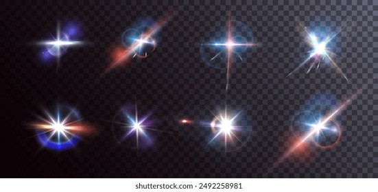 Flash, realistic highlights, glowing effects, camera light, sunlight reflection, stars, isolated highlights, sparkling highlights. Isolated on transparent background, png. Celestial, space elements	
