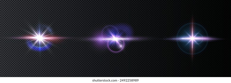 Flash, realistic highlights, glowing effects, camera light, sunlight reflection, stars, isolated highlights, sparkling highlights. Isolated on transparent background, png. Celestial, space elements	
