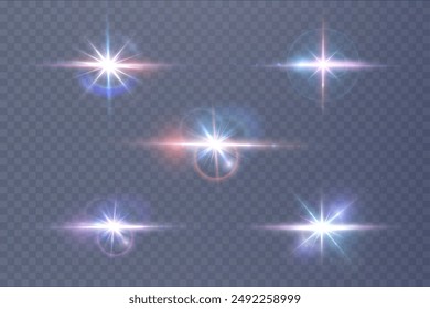Flash, realistic highlights, glowing effects, camera light, sunlight reflection, stars, isolated highlights, sparkling highlights. Isolated on transparent background, png. Celestial, space elements	
