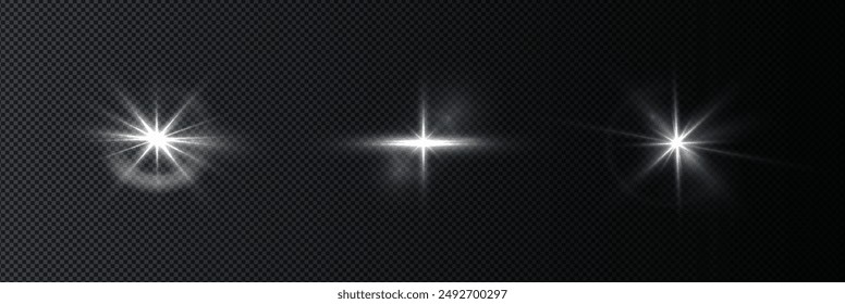 Flash, realistic highlights, glowing effects, camera light, sunlight reflection, stars, isolated highlights, sparkling highlights. Isolated on transparent background, png. Celestial, space