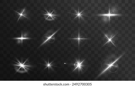 Flash, realistic highlights, glowing effects, camera light, sunlight reflection, stars, isolated highlights, sparkling highlights. Isolated on transparent background, png. Celestial, space