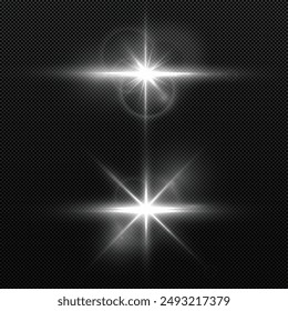 Flash, realistic highlights, glowing effects, camera light, sunlight reflection, stars, isolated highlights, sparkling highlights. Isolated on transparent background, png.