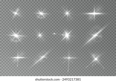 Flash, realistic highlights, glowing effects, camera light, sunlight reflection, stars, isolated highlights, sparkling highlights. Isolated on transparent background, png.