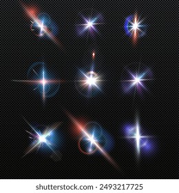 Destello, reflejos realistas, efectos brillantes, luz de cámara, reflexión de la luz solar, estrellas, resaltados aislados, resaltados brillantes. Aislado sobre fondo transparente, png. Celestial, Elementos espaciales	