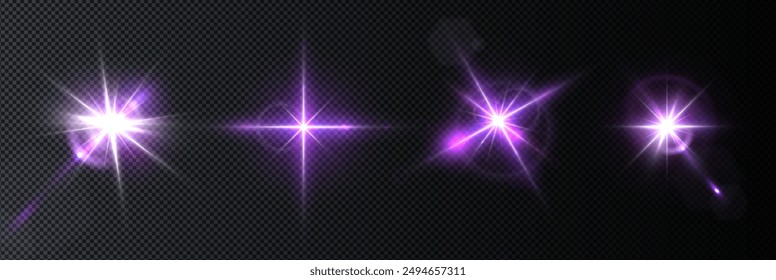 Flash, realistic highlights, glowing effects, camera light, sunlight reflection, stars, isolated highlights, sparkling highlights. Isolated on transparent background, png. Celestial, space elements