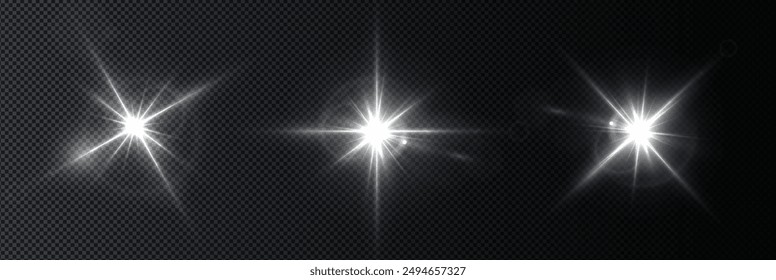 Destello, reflejos realistas, efectos brillantes, luz de cámara, reflexión de la luz solar, estrellas, resaltados aislados, resaltados brillantes. Aislado sobre fondo transparente, png. Celestial, Elementos espaciales