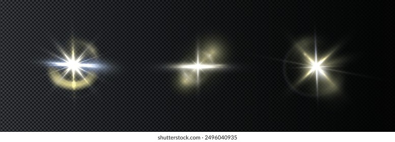Flash, realistic highlights, glowing effects, camera light, sunlight reflection, stars, isolated highlights, sparkling highlights. Isolated on transparent background, png. Celestial, space elements	
