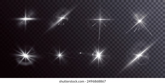 Flash, realistic highlights, glowing effects, camera light, sunlight reflection, stars, isolated highlights, sparkling highlights. Isolated on transparent background, png. Celestial, space	